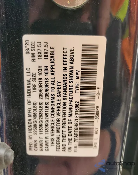 2020 Honda Cr-V Exl z USA, uszkodzony, nr VIN 7FART6H87LE016962